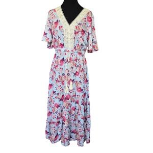 Sunday Mi Amor NWT Floral Maxi Dress Lace V-Neck Boho Tiered Size S NEW